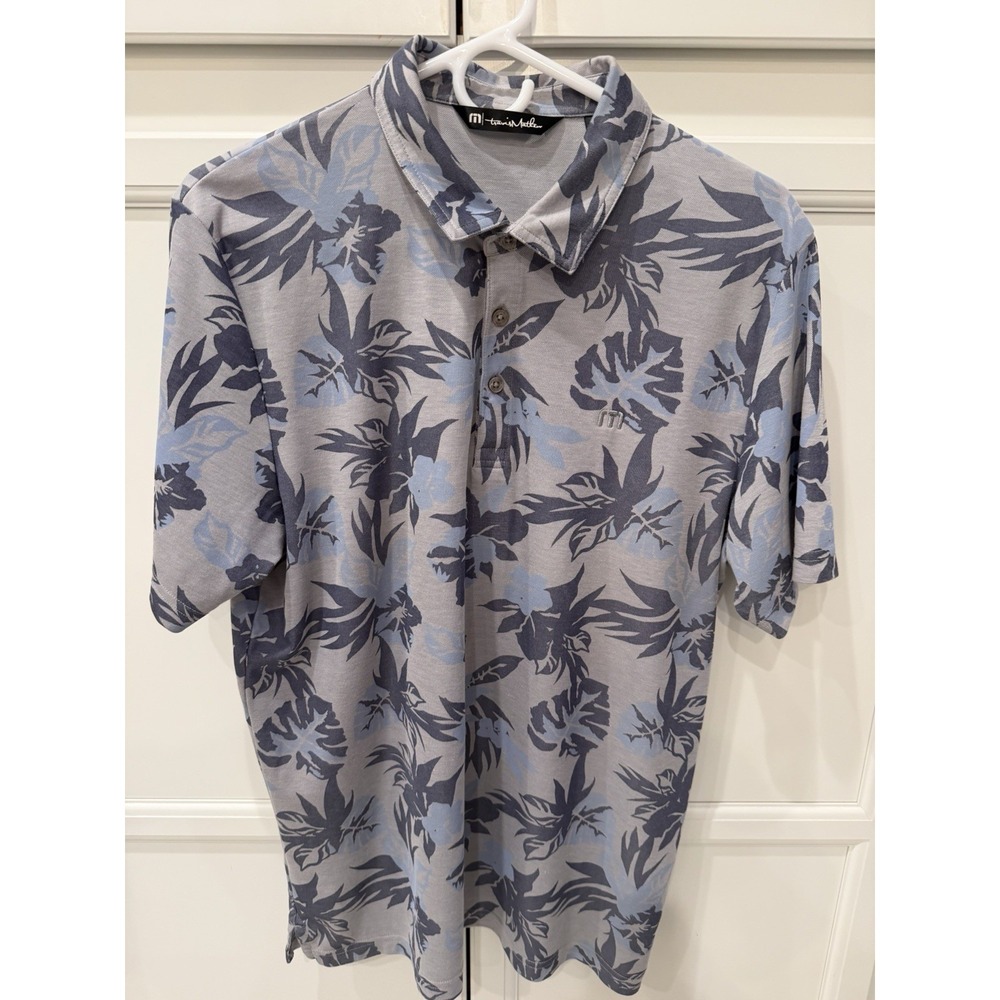 Travis Mathew Mens Gray Blue Floral Print Polo Shirt sz L Pima Cotton Blend Slim